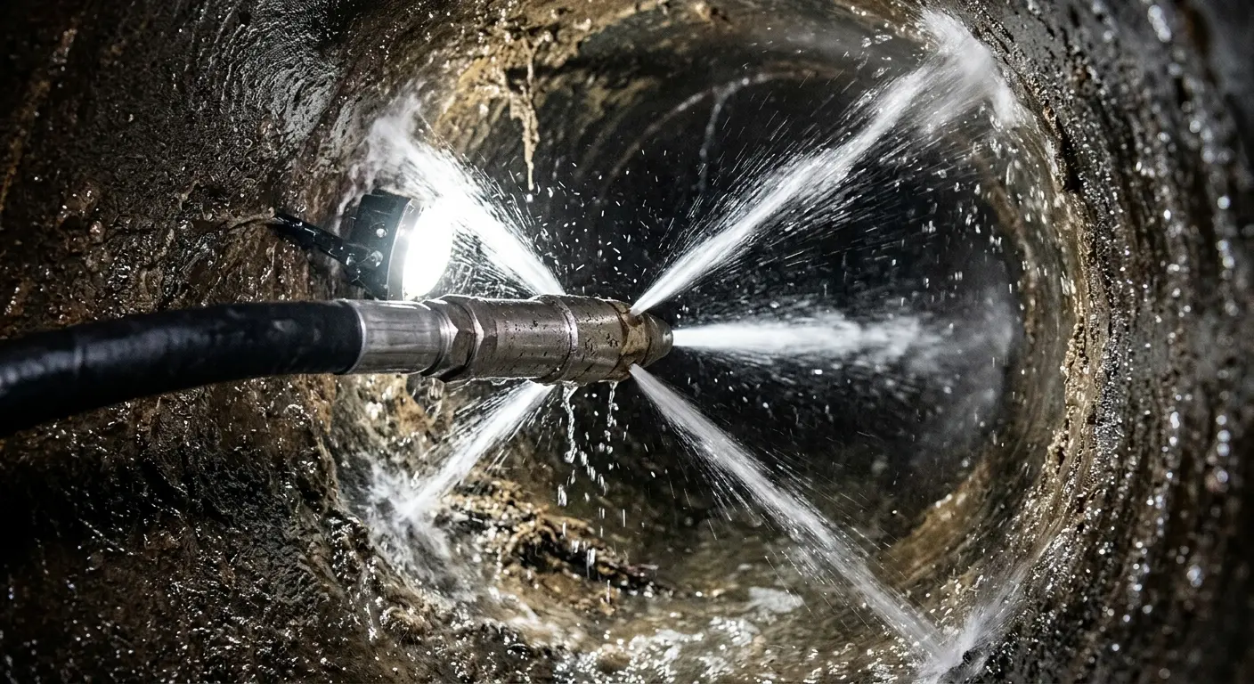High-pressure hydro jetting nozzle cleaning sewer pipe for Trenchless Sewer Repair in Horizon West