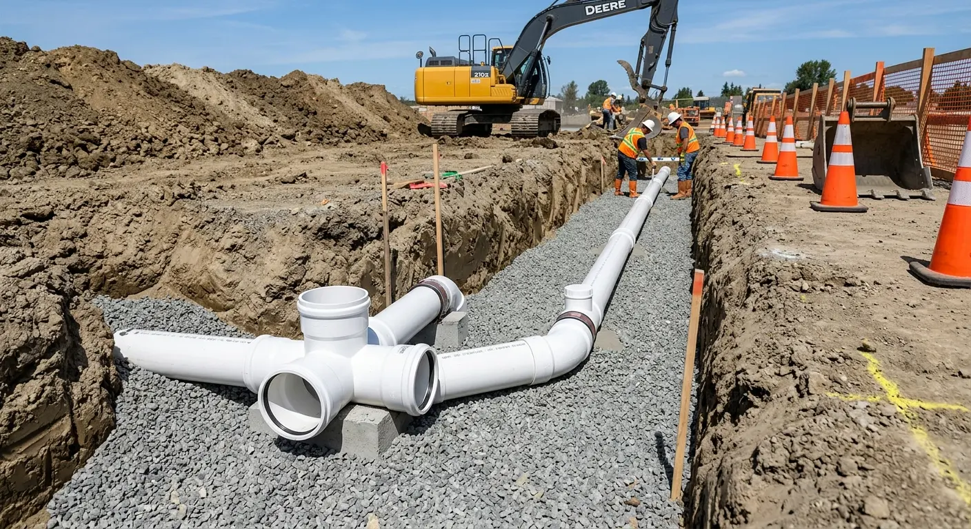 New PVC sewer pipe installation in open trench for Sewer Camera Inspection in Horizon West