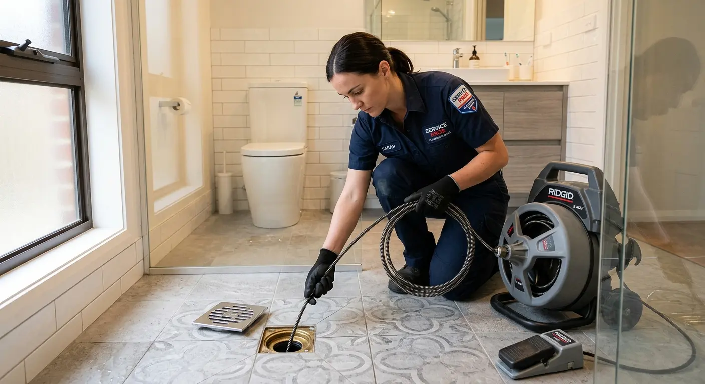 Technician clearing a bathroom floor drain for Sewer Line Installation in Horizon West